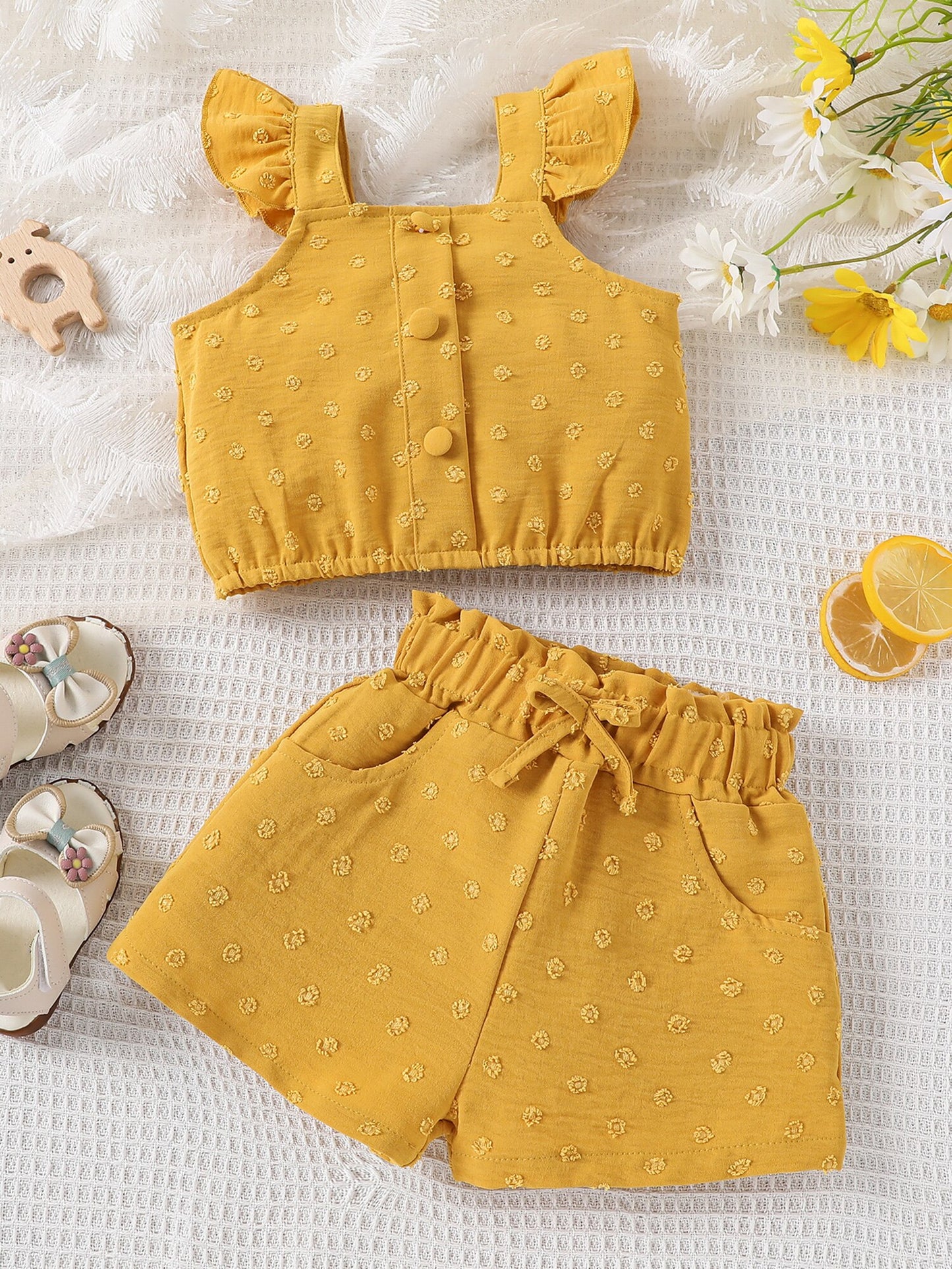 Baby Girls Ruffle Sleeveless Button Vest Top and Shorts Set
