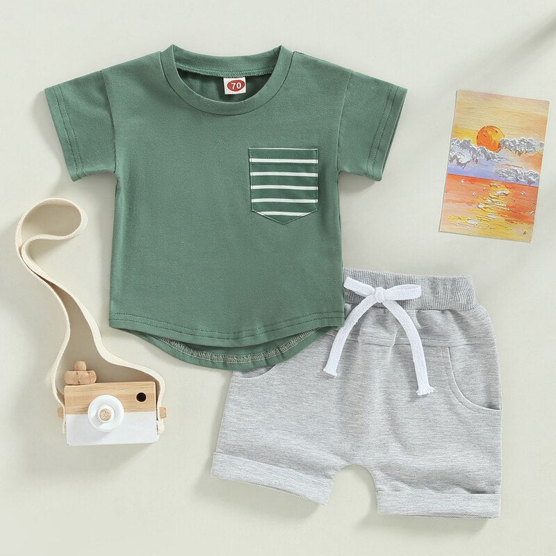 Boys Striped Pocket Patchwork T-shirts and Shorts