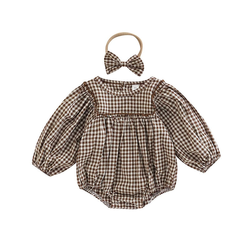 Vintage Checkered Baby Girls Romper and Headband