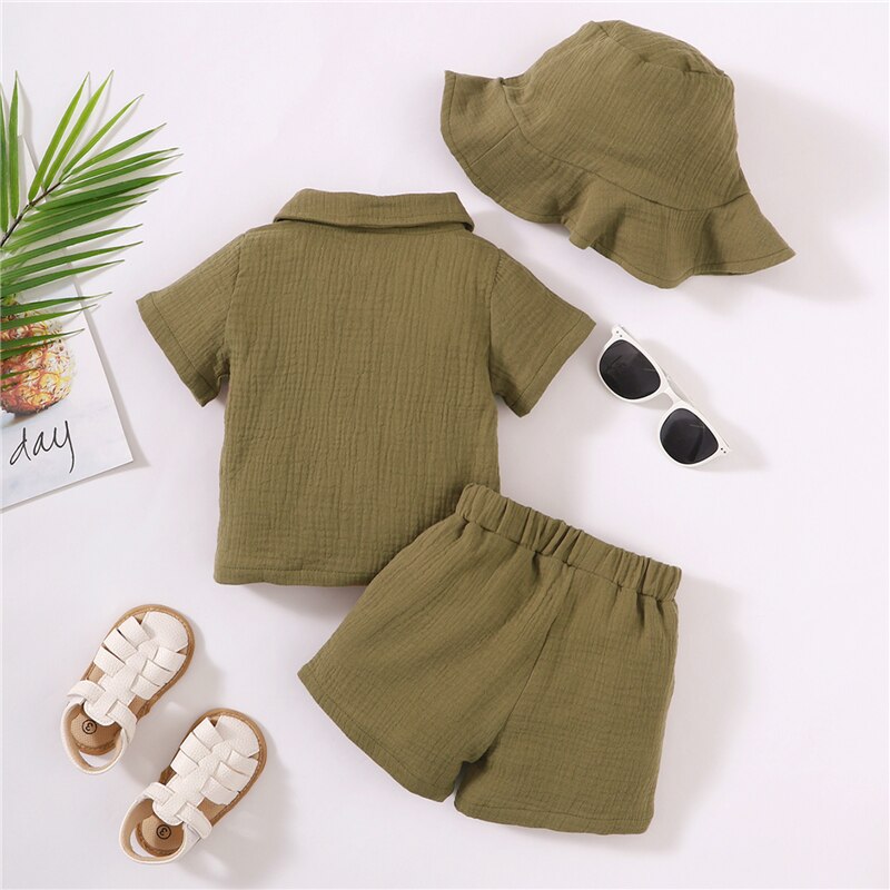 Baby Boys Cotton Short, Top and Hat Set