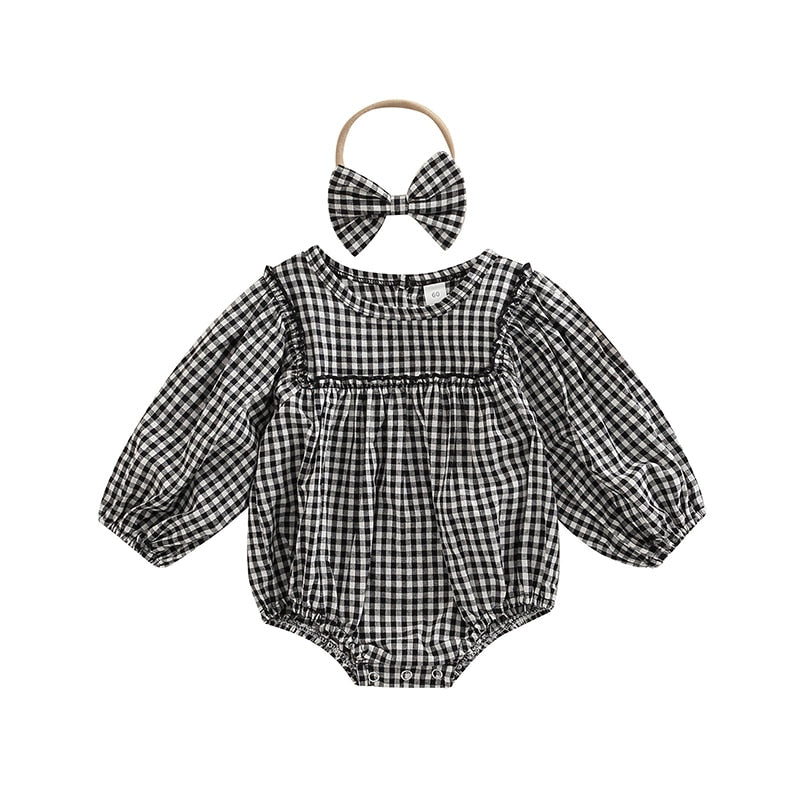 Vintage Checkered Baby Girls Romper and Headband