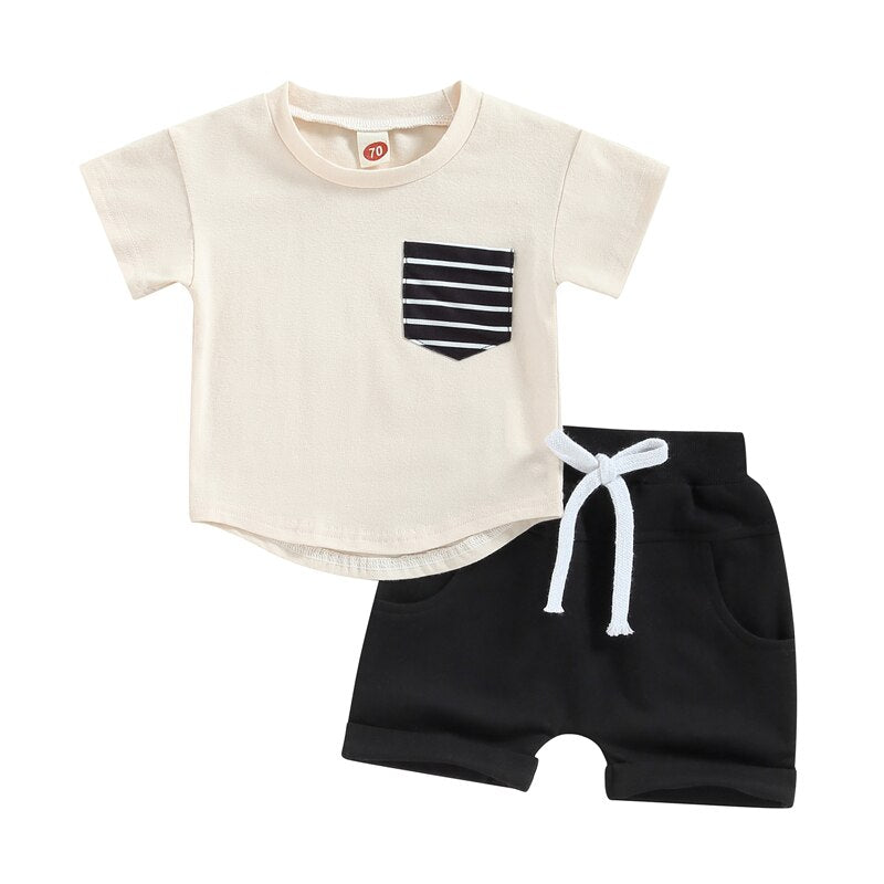 Boys Striped Pocket Patchwork T-shirts and Shorts