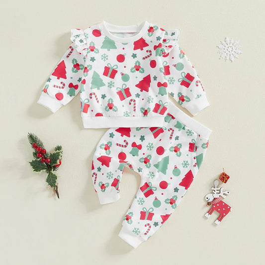 Children's Christmas Ruffles Long Sleeve Lounge Set