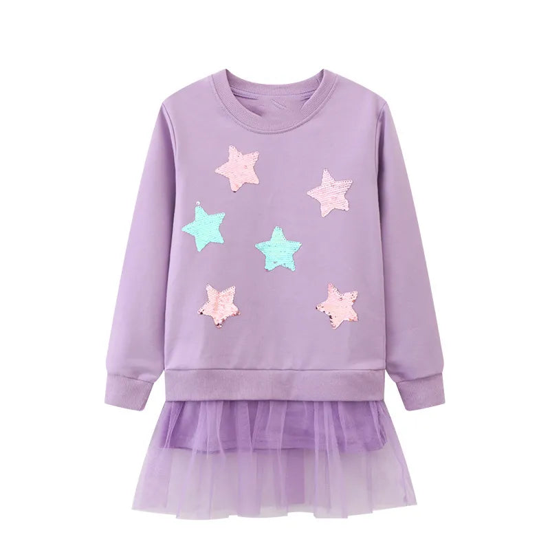 Girls Long Sleeves Purple Sequin Stars Mesh Dress