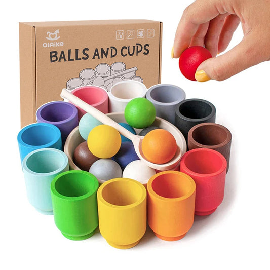 Baby Montessori Wooden Toy Rainbow Ball and Cups