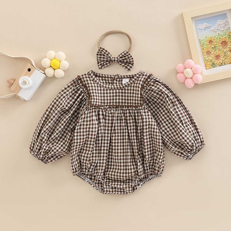 Vintage Checkered Baby Girls Romper and Headband