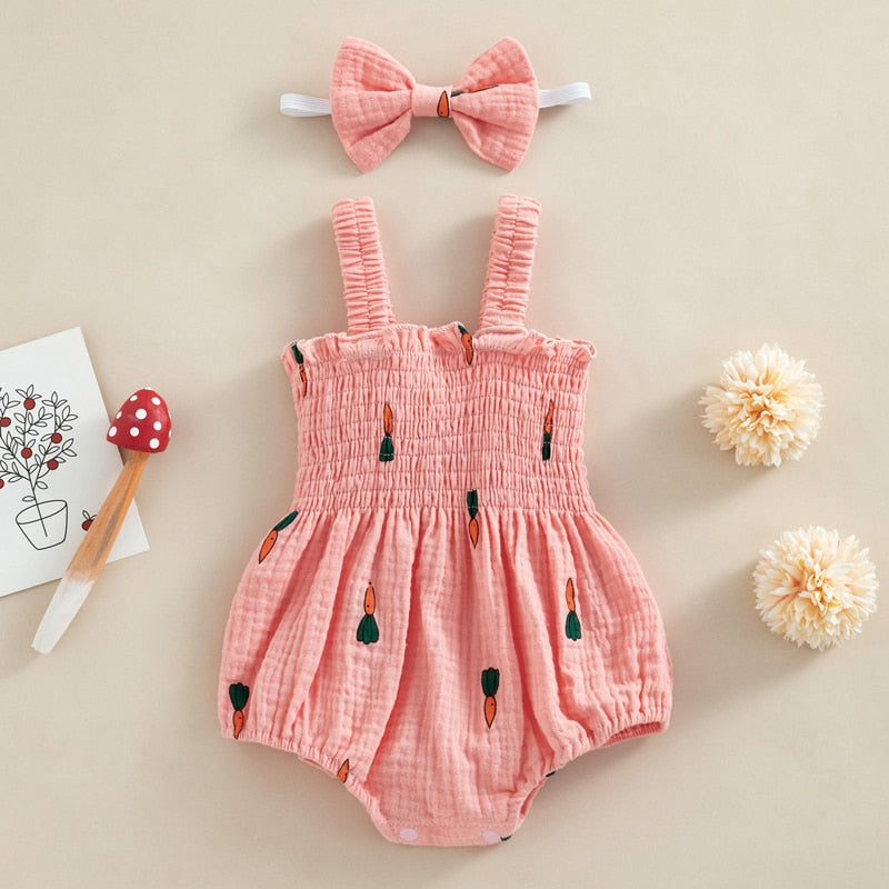 Baby Girls Rompers And Bow Set