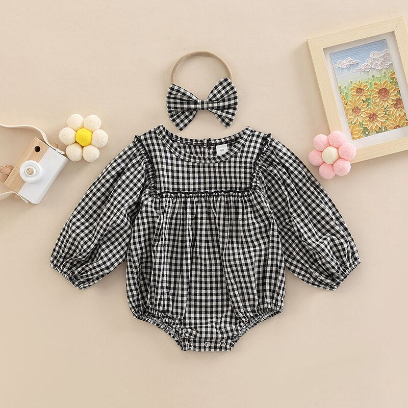 Vintage Checkered Baby Girls Romper and Headband