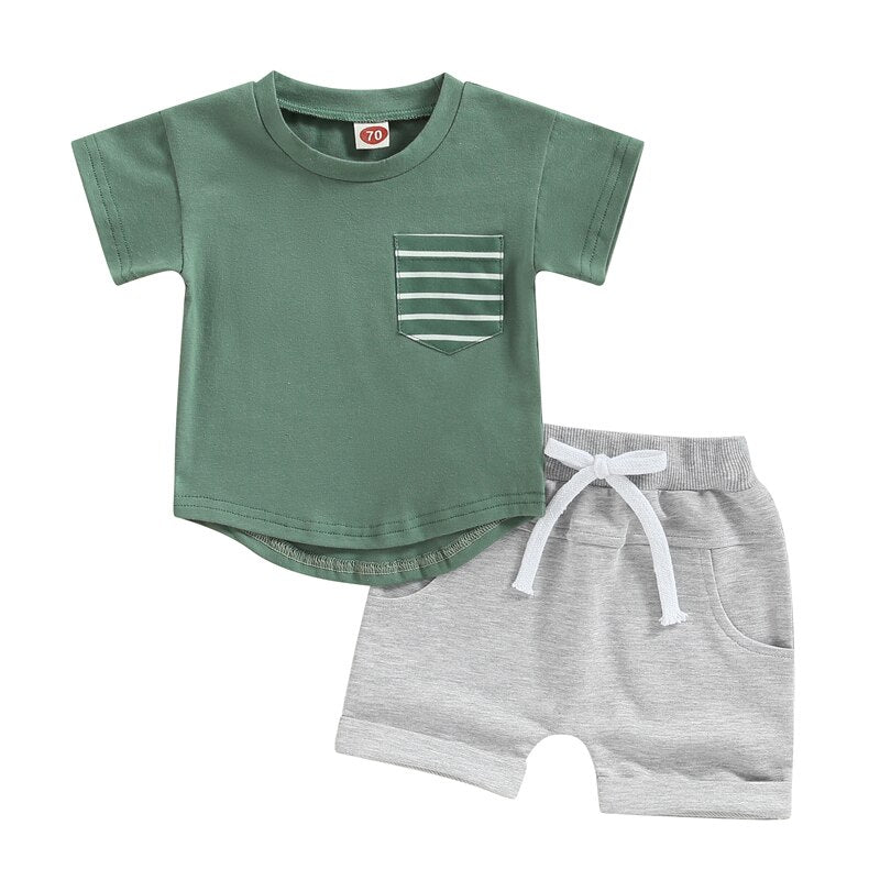 Boys Striped Pocket Patchwork T-shirts and Shorts