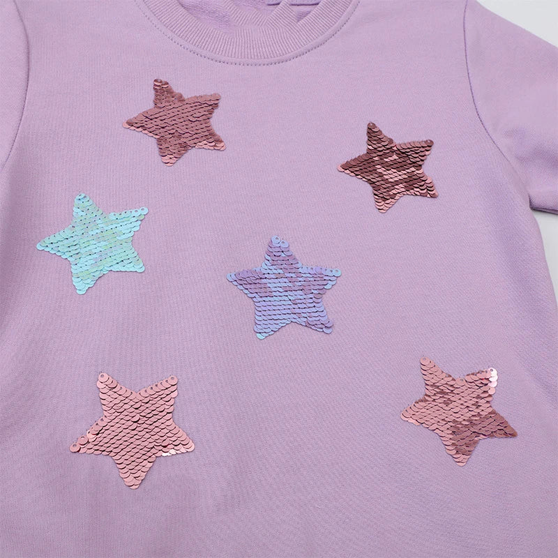 Girls Long Sleeves Purple Sequin Stars Mesh Dress