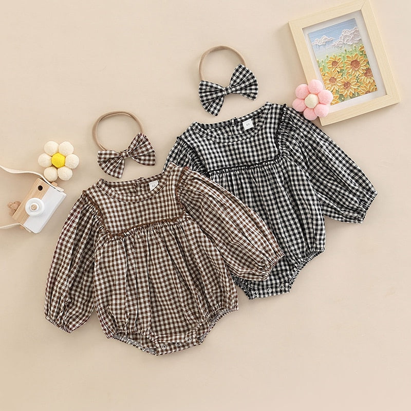 Vintage Checkered Baby Girls Romper and Headband