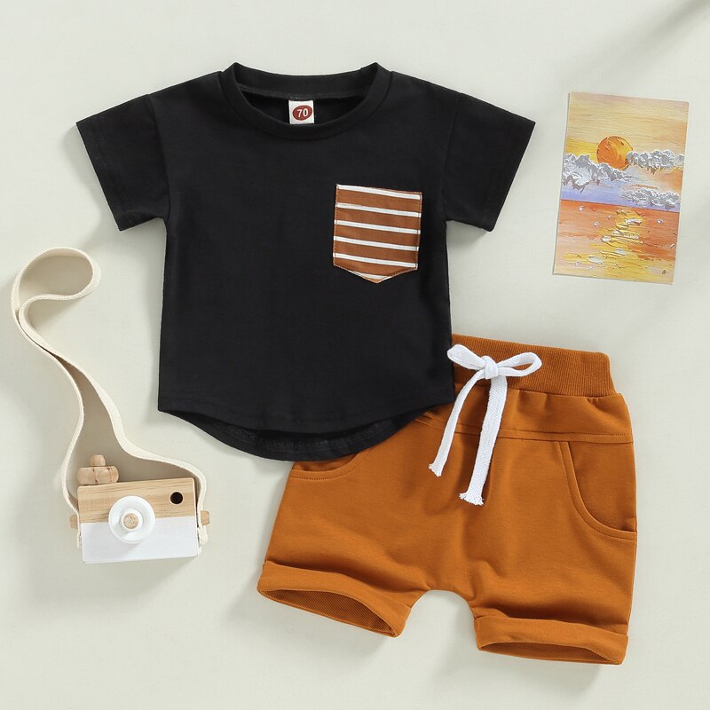 Boys Striped Pocket Patchwork T-shirts and Shorts