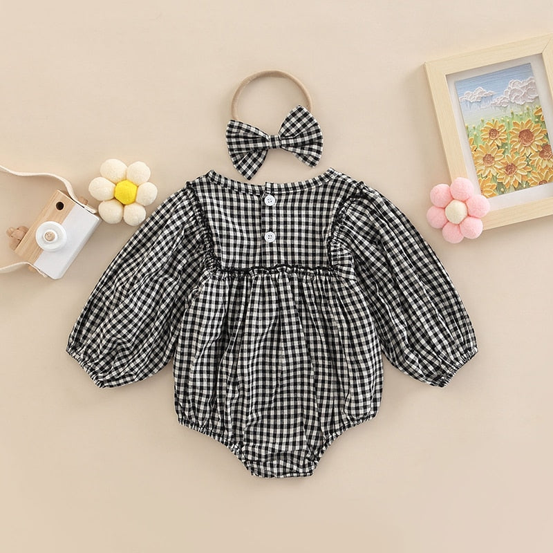 Vintage Checkered Baby Girls Romper and Headband