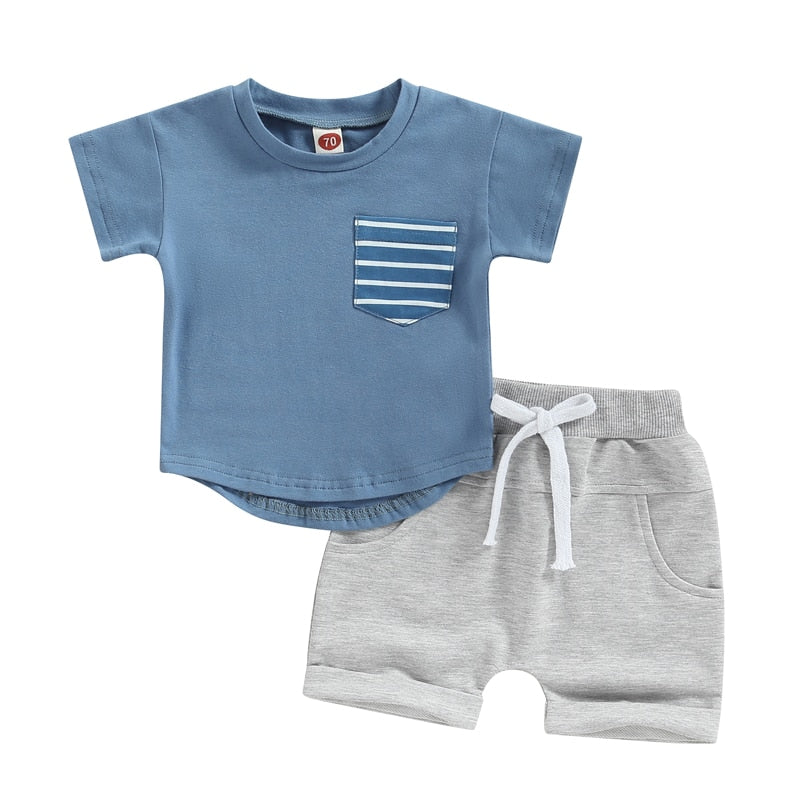 Boys Striped Pocket Patchwork T-shirts and Shorts