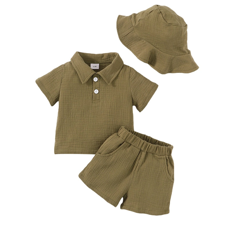 Baby Boys Cotton Short, Top and Hat Set