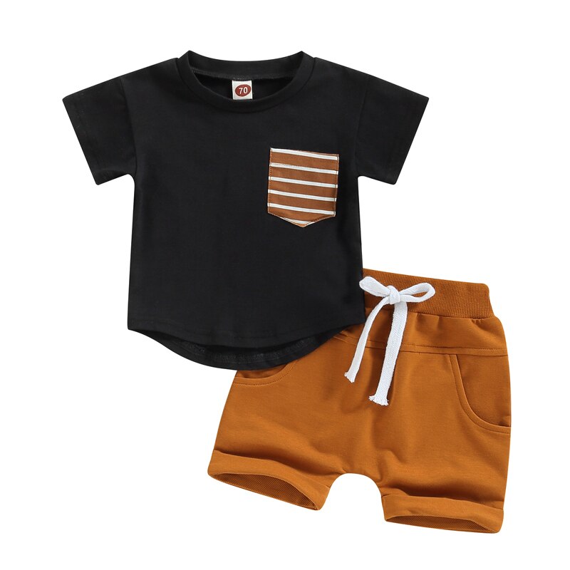 Boys Striped Pocket Patchwork T-shirts and Shorts