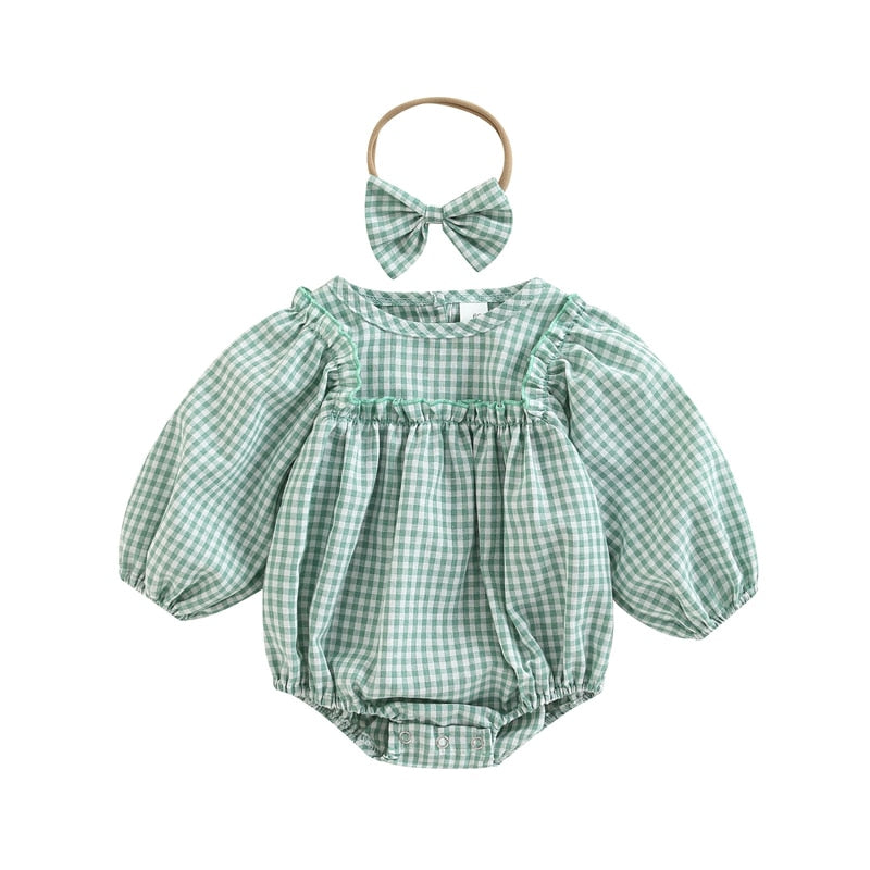 Vintage Checkered Baby Girls Romper and Headband