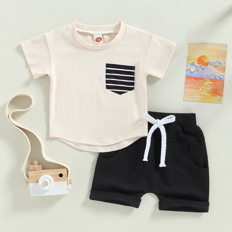 Boys Striped Pocket Patchwork T-shirts and Shorts