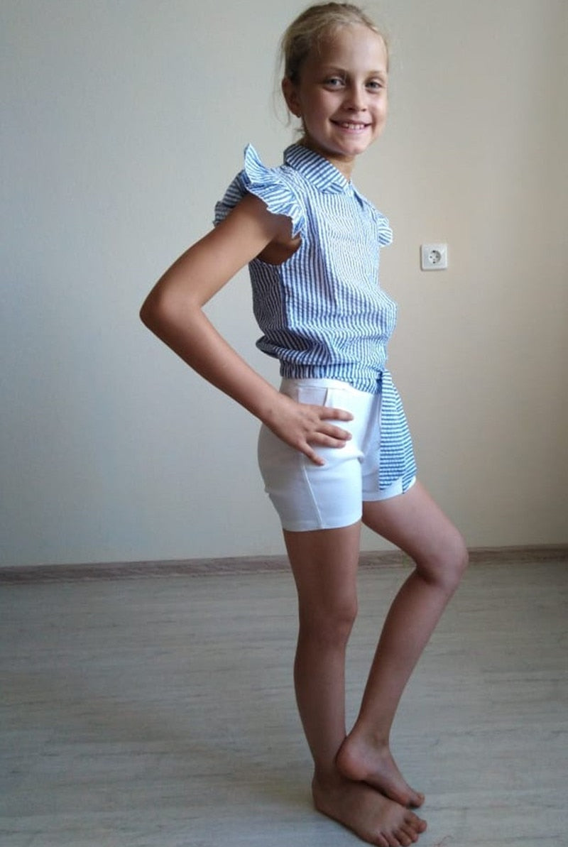 Girls Striped Fly Sleeve Shirt and White Shorts