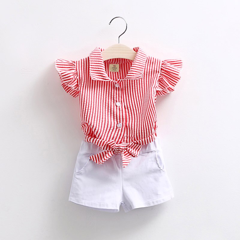 Girls Striped Fly Sleeve Shirt and White Shorts