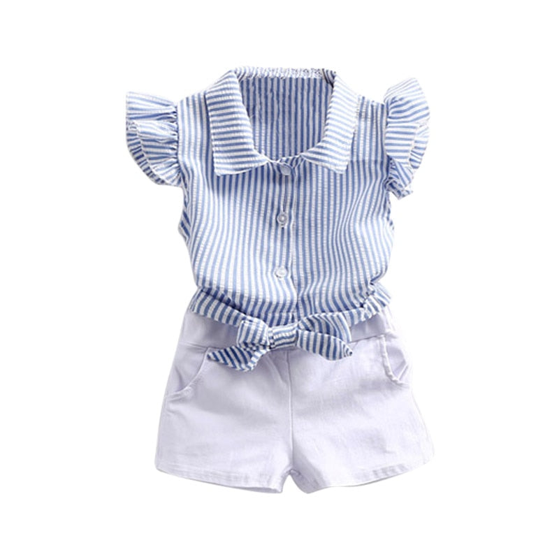 Girls Striped Fly Sleeve Shirt and White Shorts