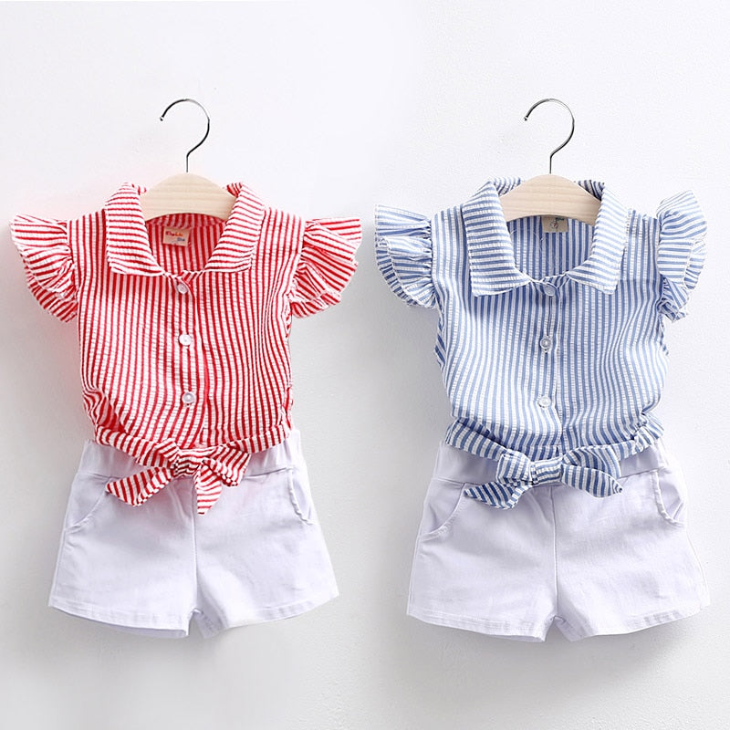 Girls Striped Fly Sleeve Shirt and White Shorts