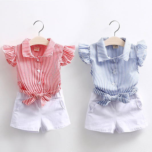 Girls Striped Fly Sleeve Shirt and White Shorts