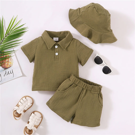 Baby Boys Cotton Short, Top and Hat Set