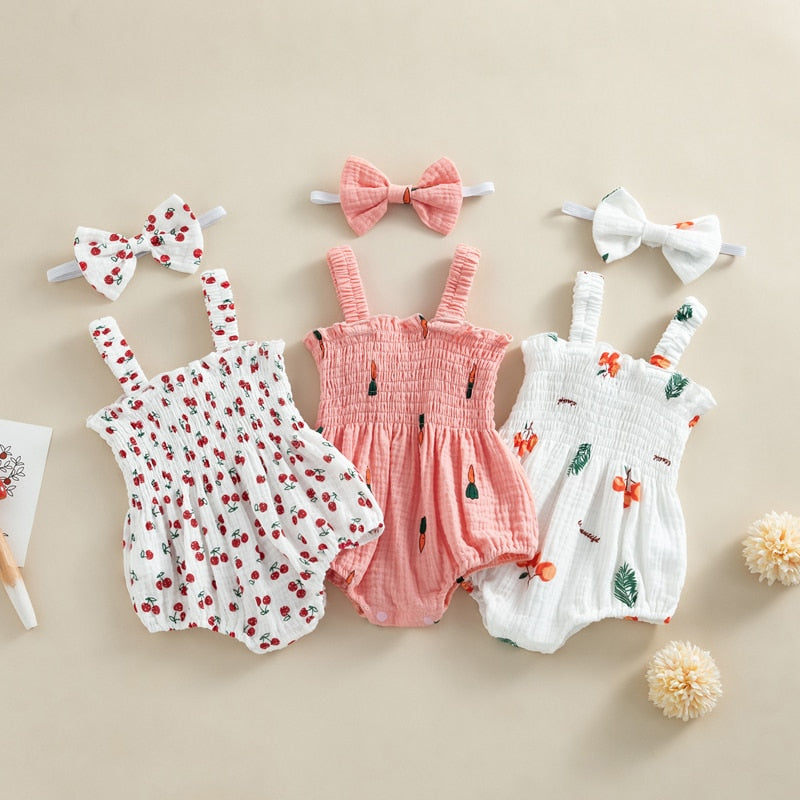 Baby Girls Rompers And Bow Set