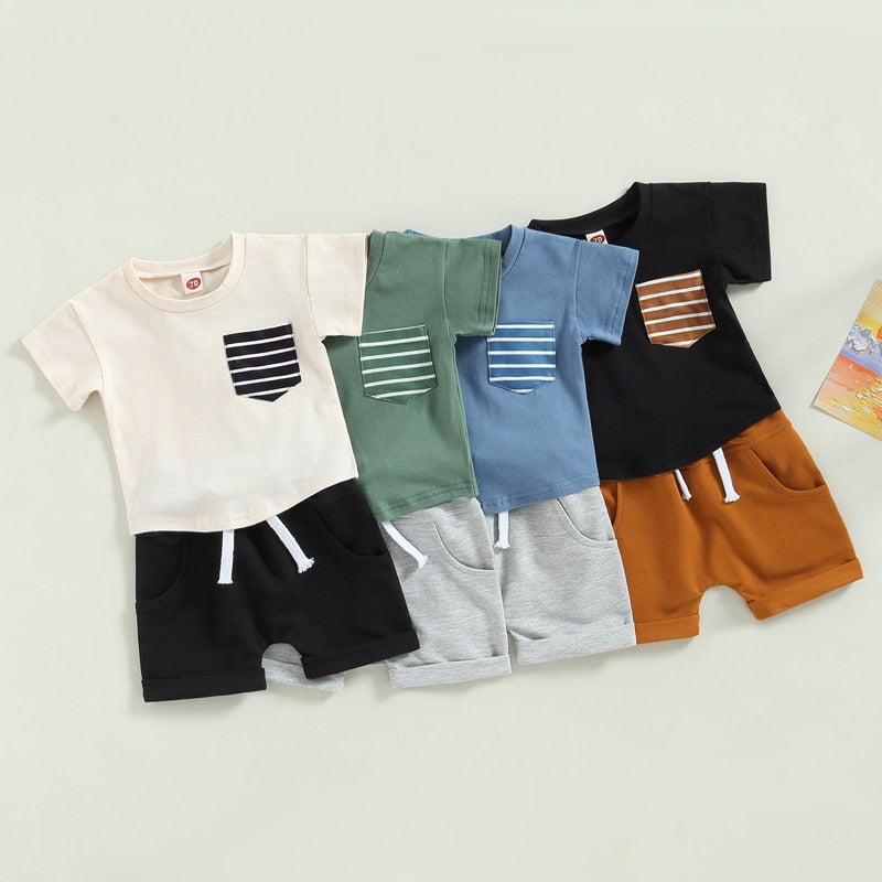 Boys Striped Pocket Patchwork T-shirts and Shorts