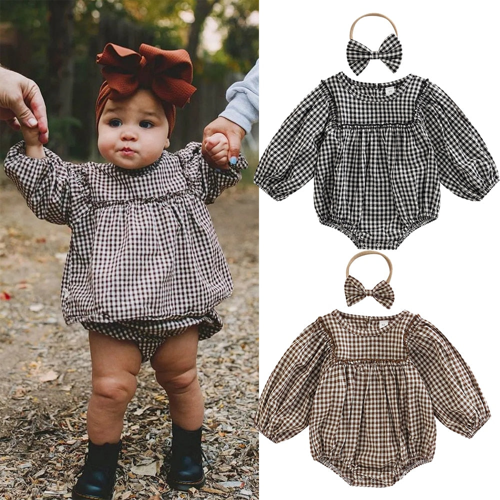 Vintage Checkered Baby Girls Romper and Headband